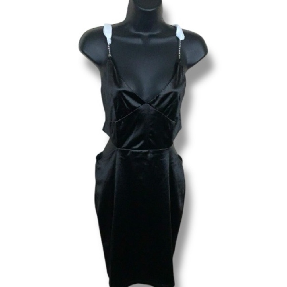 New Large Juniors Forever 21 Black Satin Cutout Mini Dress Sleeveless Rhinestone